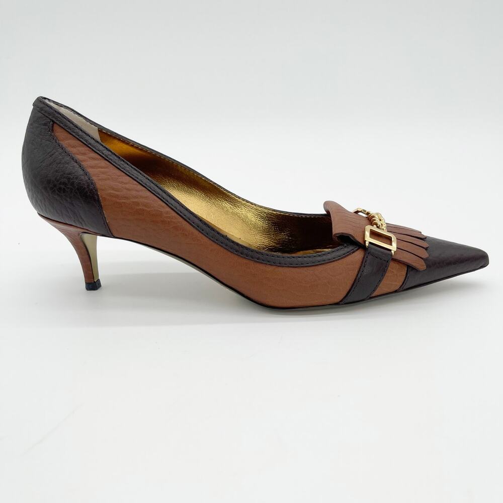 Dolce & Gabbana Vintage Brown Leather Fringe DG Chain Cap Toe Kitten Heels IT 40 - Picture 4 of 13